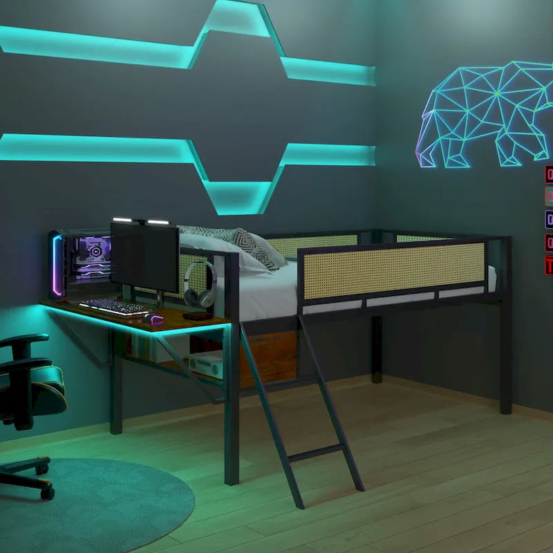 Lit mezzanine en métal pour une personne avec bureau rectangulaire, lumières LED et rangement