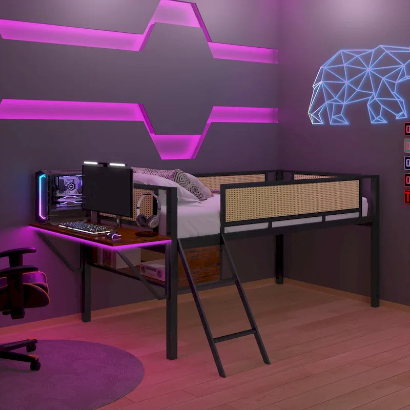 Lit mezzanine en métal pour une personne avec bureau rectangulaire, lumières LED et rangement