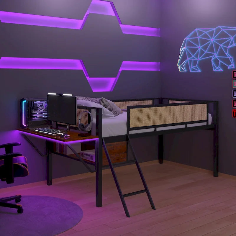 Lit mezzanine en métal pour une personne avec bureau rectangulaire, lumières LED et rangement