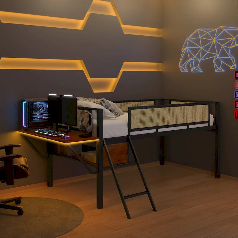 Lit mezzanine en métal pour une personne avec bureau rectangulaire, lumières LED et rangement
