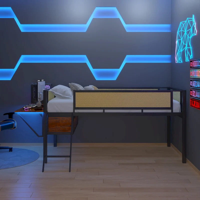 Lit mezzanine en métal pour une personne avec bureau rectangulaire, lumières LED et rangement