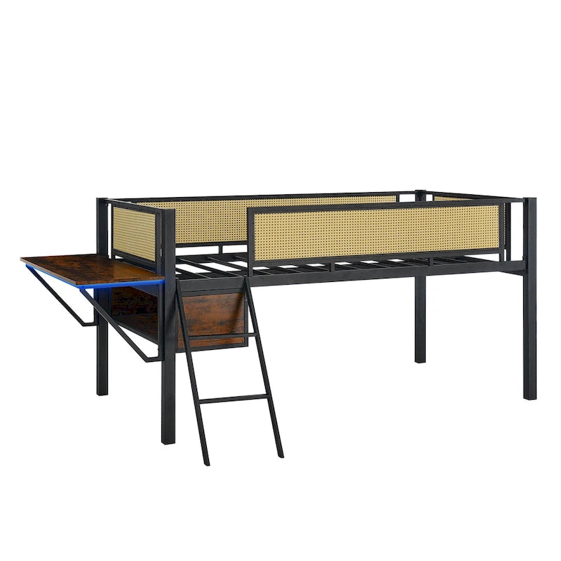 Lit mezzanine en métal pour une personne avec bureau rectangulaire, lumières LED et rangement