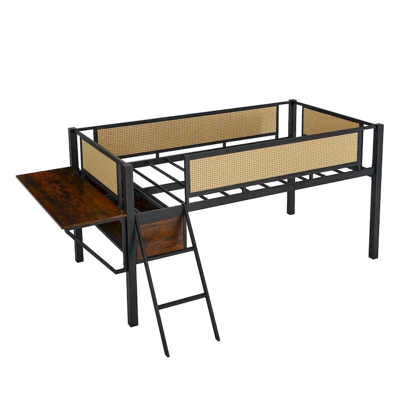 Lit mezzanine en métal pour une personne avec bureau rectangulaire, lumières LED et rangement