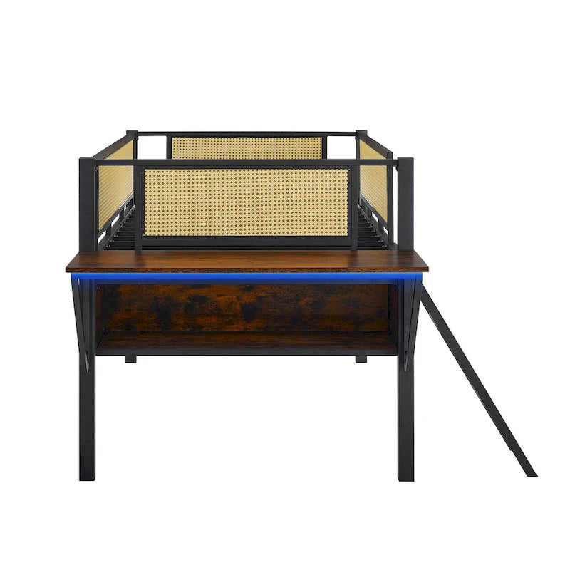 Lit mezzanine en métal pour une personne avec bureau rectangulaire, lumières LED et rangement