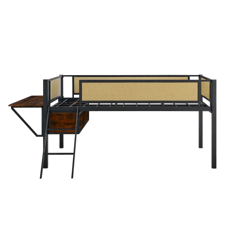 Lit mezzanine en métal pour une personne avec bureau rectangulaire, lumières LED et rangement