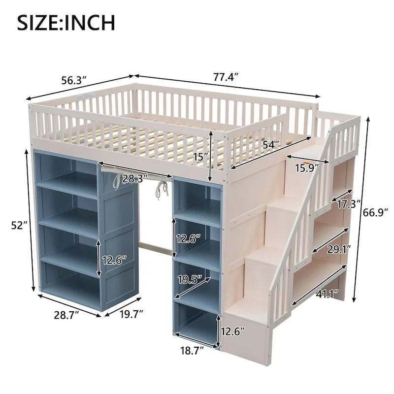 Lit mezzanine deux places en bois massif avec 2 armoires de rangement et rideau