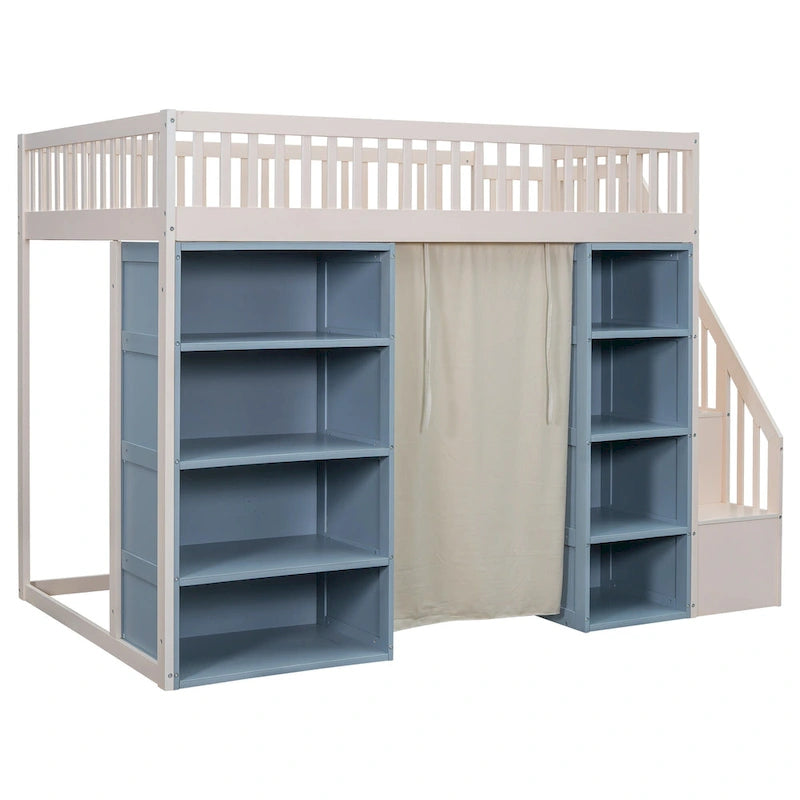 Lit mezzanine deux places en bois massif avec 2 armoires de rangement et rideau
