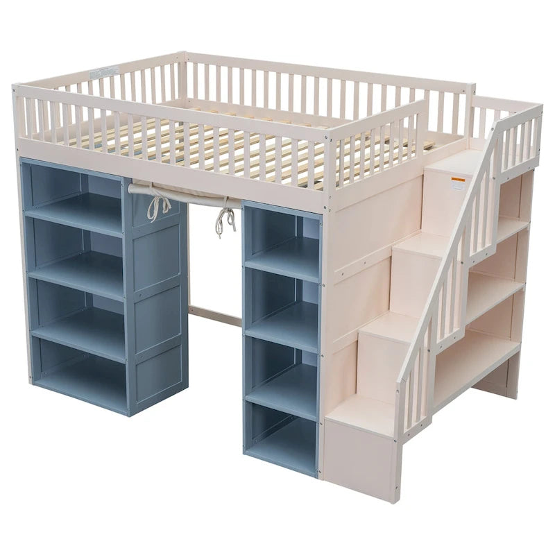 Lit mezzanine deux places en bois massif avec 2 armoires de rangement et rideau