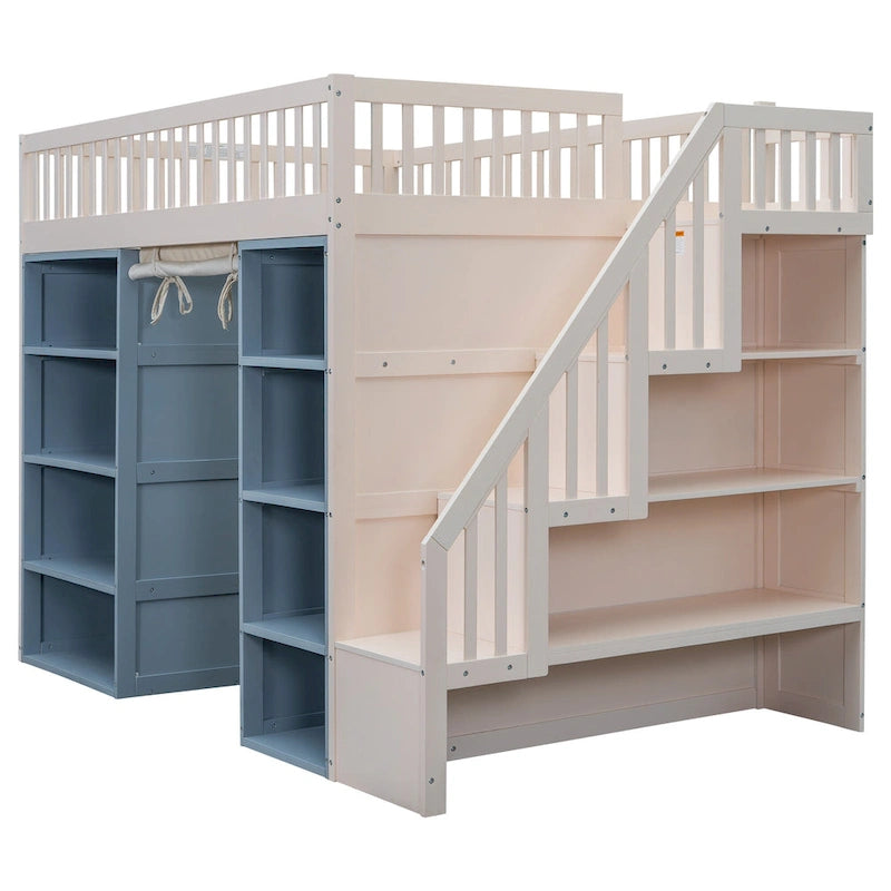 Lit mezzanine deux places en bois massif avec 2 armoires de rangement et rideau