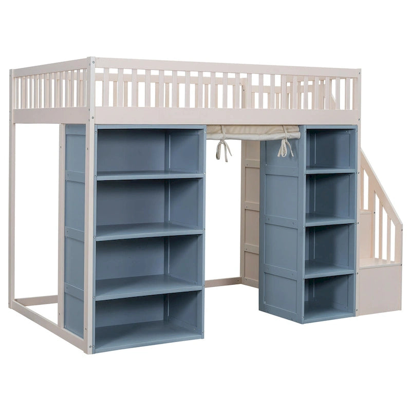 Lit mezzanine deux places en bois massif avec 2 armoires de rangement et rideau