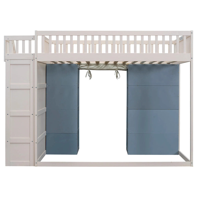 Lit mezzanine deux places en bois massif avec 2 armoires de rangement et rideau