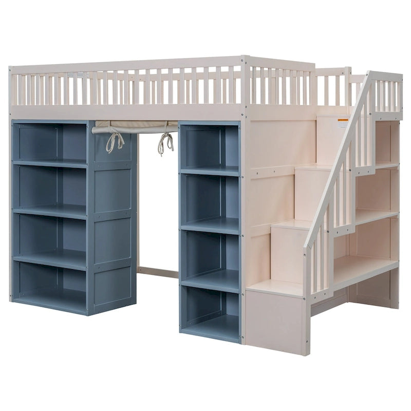 Lit mezzanine deux places en bois massif avec 2 armoires de rangement et rideau
