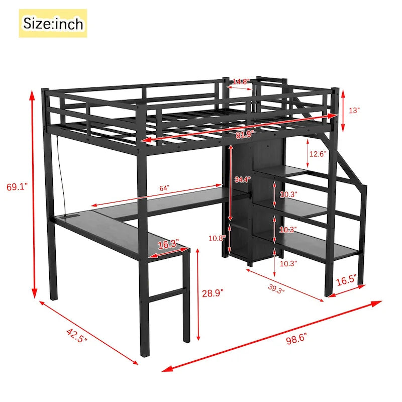 Lit mezzanine en métal format Twin XL avec bureau en L, port USB et LED pour enfants et adolescents