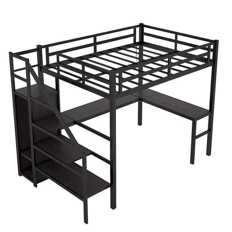 Lit mezzanine en métal format Twin XL avec bureau en L, port USB et LED pour enfants et adolescents