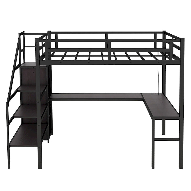 Lit mezzanine en métal format Twin XL avec bureau en L, port USB et LED pour enfants et adolescents