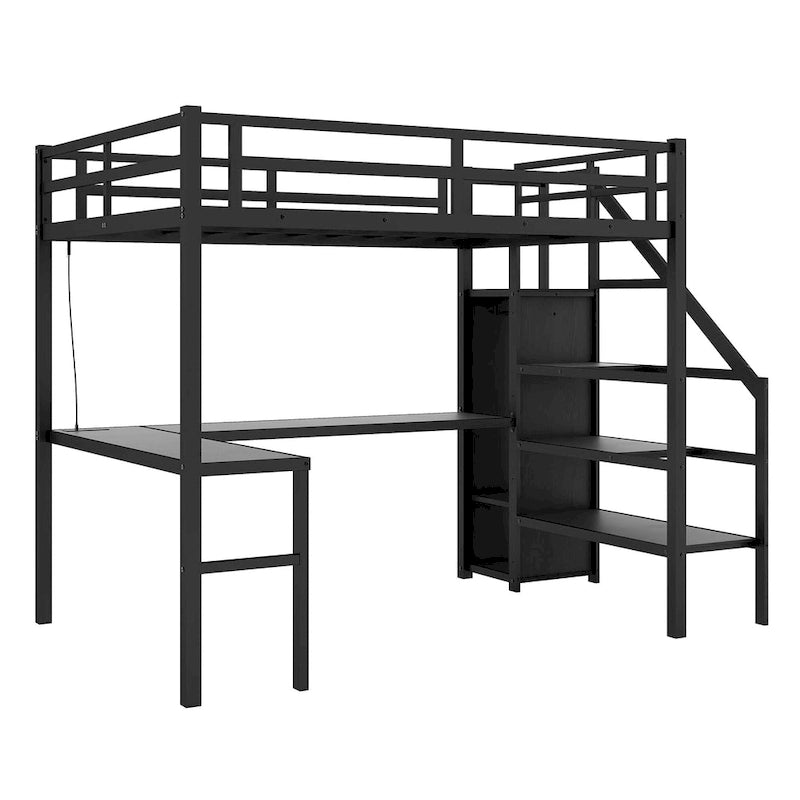 Lit mezzanine en métal format Twin XL avec bureau en L, port USB et LED pour enfants et adolescents