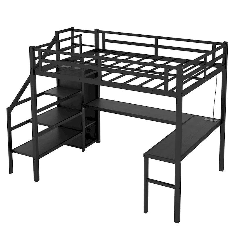 Lit mezzanine en métal format Twin XL avec bureau en L, port USB et LED pour enfants et adolescents