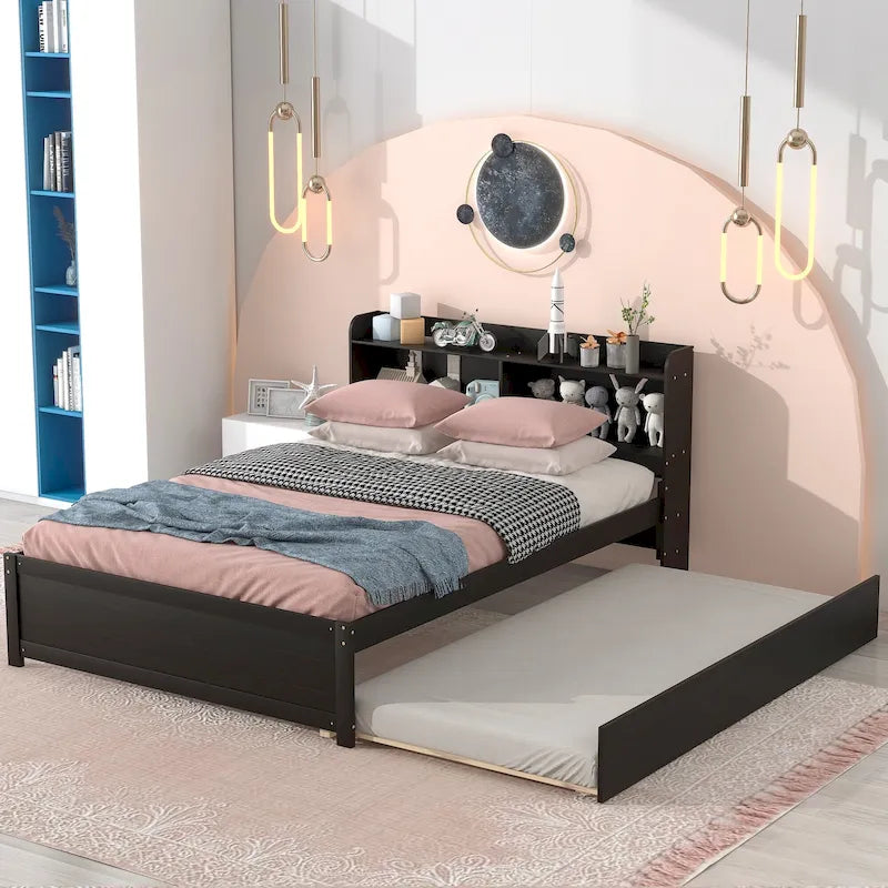 Lit plateforme en bois avec lit gigogne, lit de rangement avec tête de lit bibliothèque, lit capitaine, sommier à lattes, pas besoin de sommier tapissier
