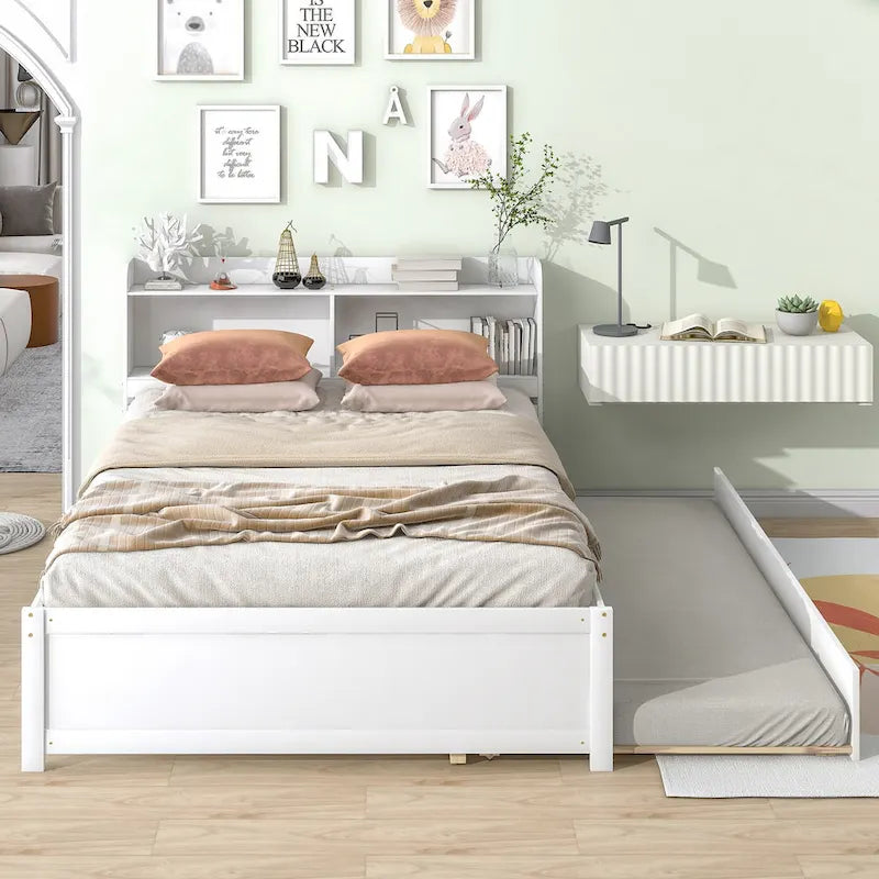 Wood Platform Bed with Trundle Bed, Storage Bed with Bookcase Headboard, Captains Bed, Wood Slat Support, No Box Spring Needed