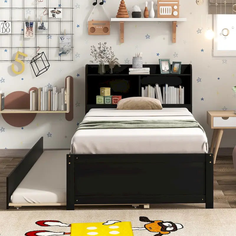 Lit plateforme en bois avec lit gigogne, lit de rangement avec tête de lit bibliothèque, lit capitaine, sommier à lattes, pas besoin de sommier tapissier