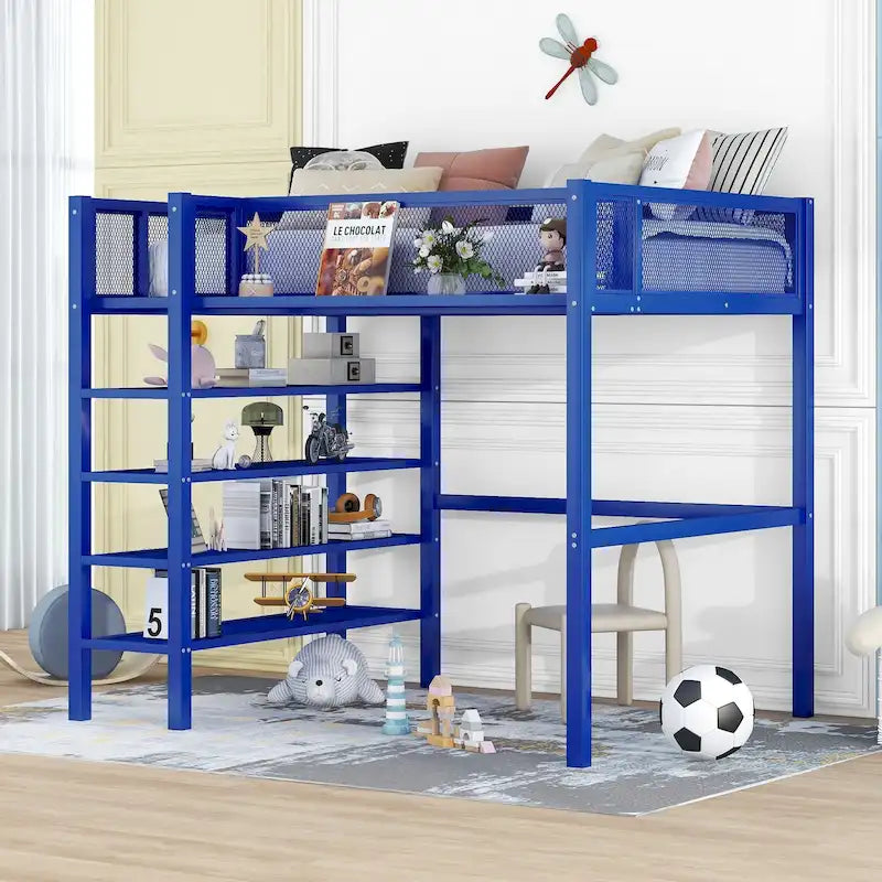 Lit mezzanine en métal avec étagères à 4 niveaux et rangement