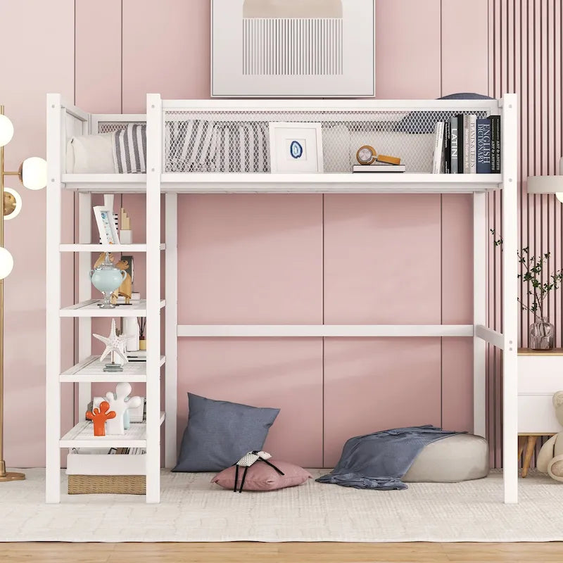 Lit mezzanine en métal avec étagères à 4 niveaux et rangement