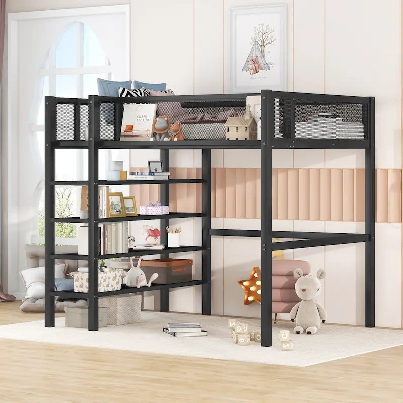 Lit mezzanine en métal avec étagères à 4 niveaux et rangement