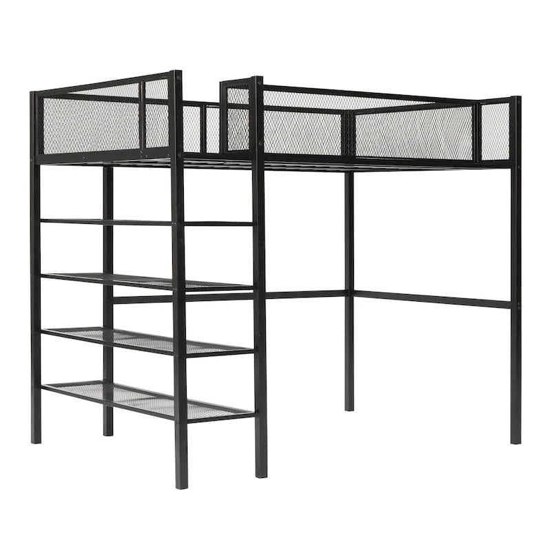 Lit mezzanine en métal avec étagères à 4 niveaux et rangement