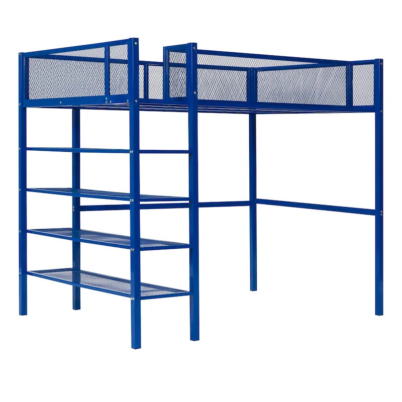 Lit mezzanine en métal avec étagères à 4 niveaux et rangement