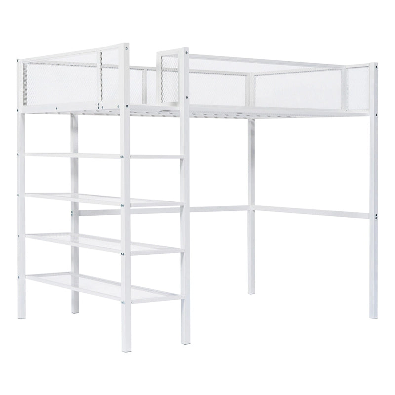 Lit mezzanine en métal avec étagères à 4 niveaux et rangement