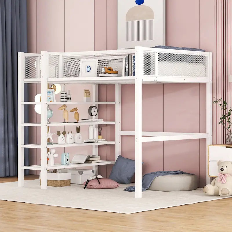 Lit mezzanine en métal avec étagères à 4 niveaux et rangement
