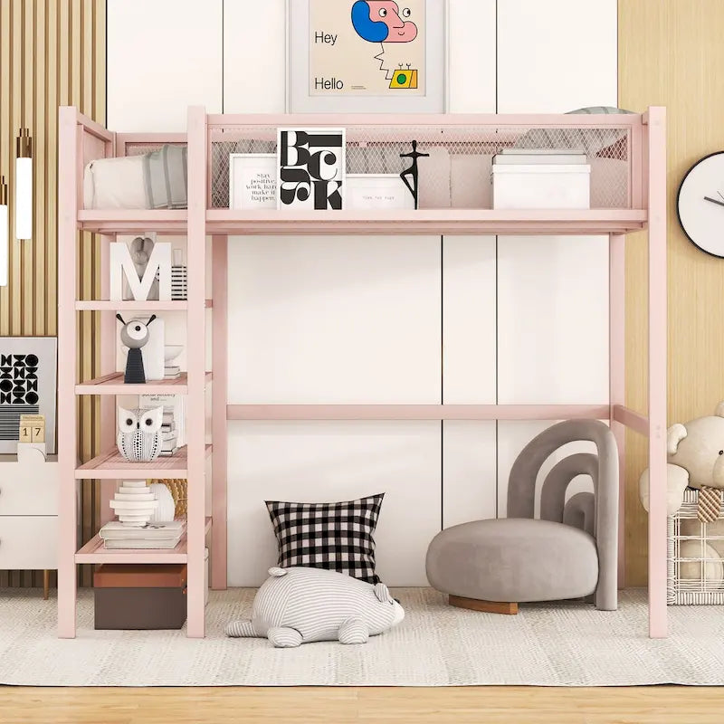 Lit mezzanine en métal avec étagères à 4 niveaux et rangement