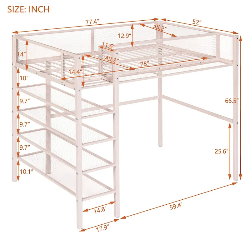 Lit mezzanine en métal avec étagères à 4 niveaux et rangement