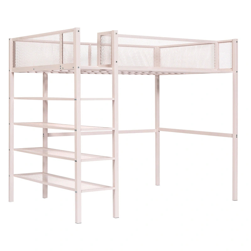 Lit mezzanine en métal avec étagères à 4 niveaux et rangement
