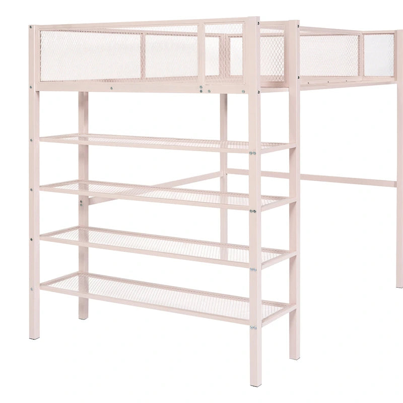 Lit mezzanine en métal avec étagères à 4 niveaux et rangement