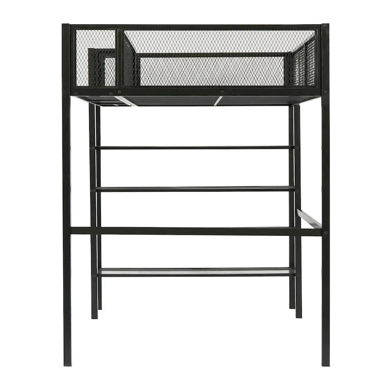 Lit mezzanine en métal avec étagères à 4 niveaux et rangement