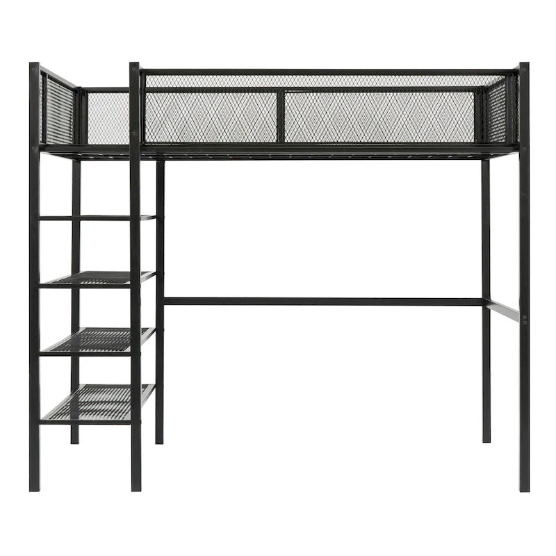 Lit mezzanine en métal avec étagères à 4 niveaux et rangement
