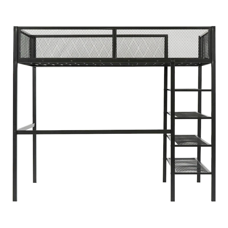 Lit mezzanine en métal avec étagères à 4 niveaux et rangement