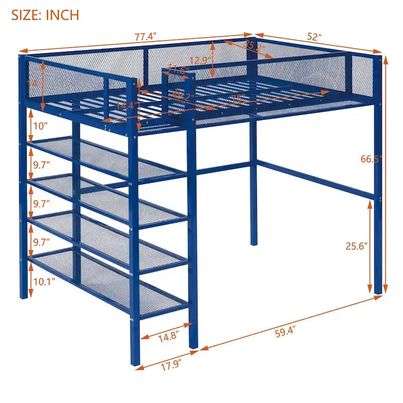 Lit mezzanine en métal avec étagères à 4 niveaux et rangement