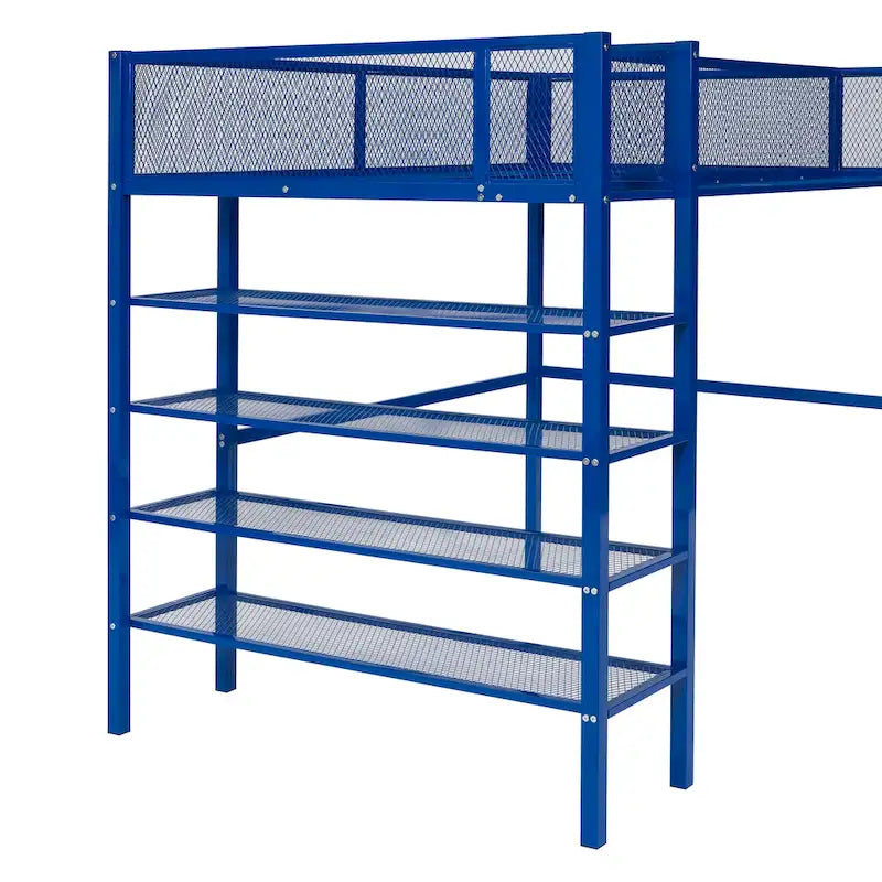 Lit mezzanine en métal avec étagères à 4 niveaux et rangement