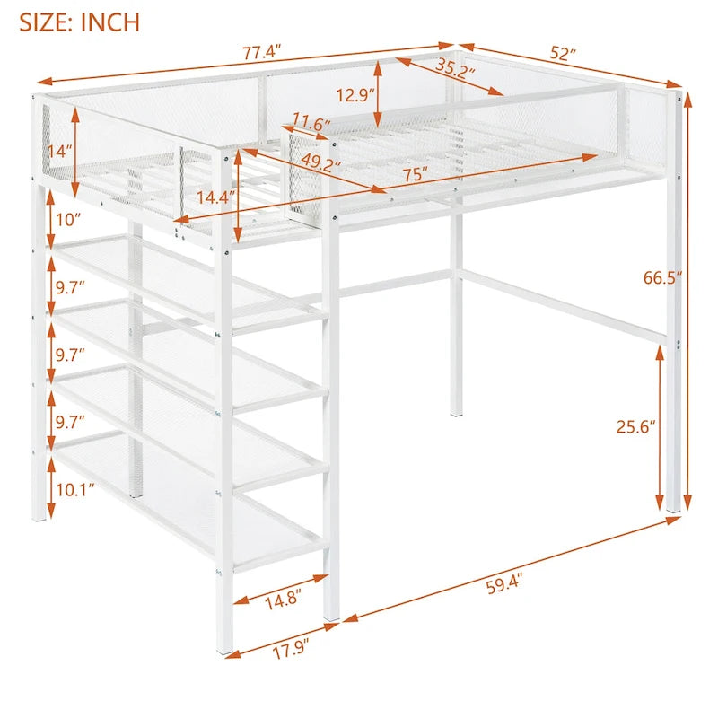 Lit mezzanine en métal avec étagères à 4 niveaux et rangement