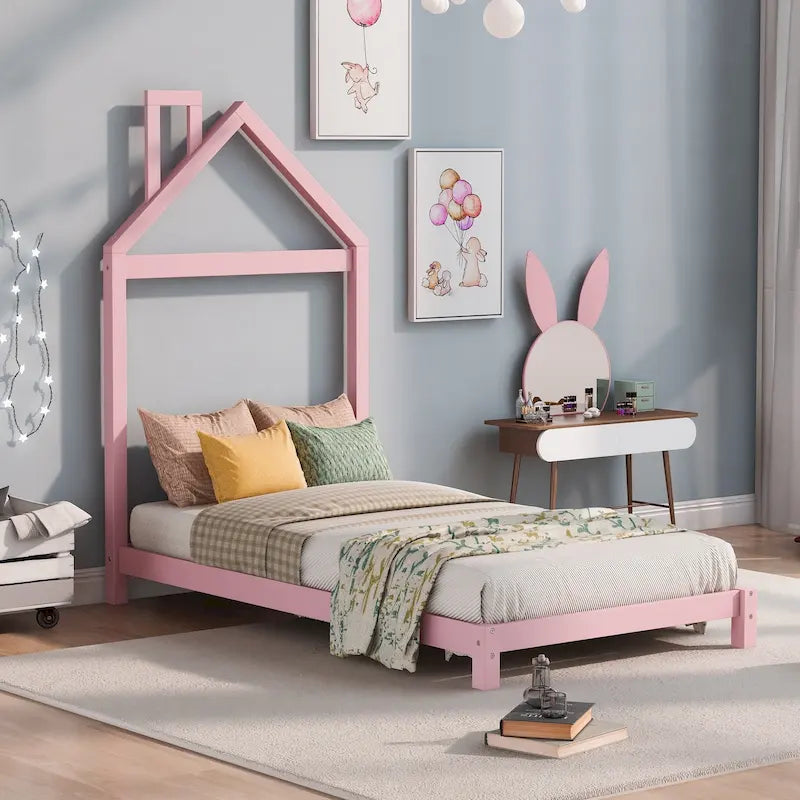 Lit plateforme en bois pour enfant, taille simple, avec tête de lit en forme de maison