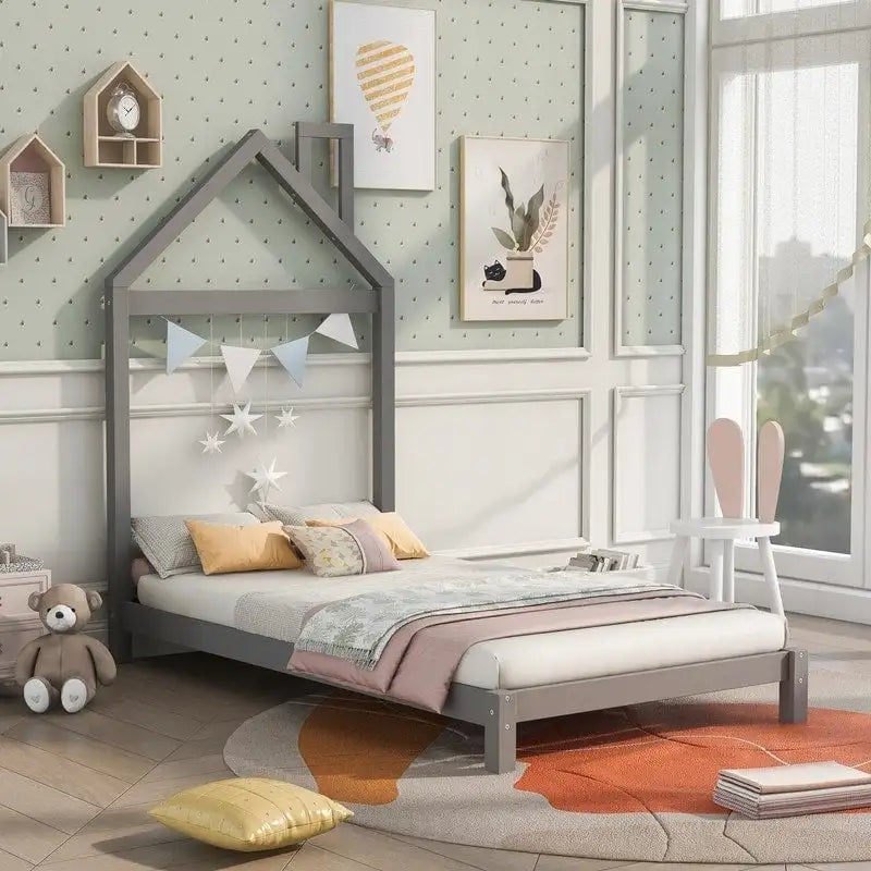 Lit plateforme en bois pour enfant, taille simple, avec tête de lit en forme de maison