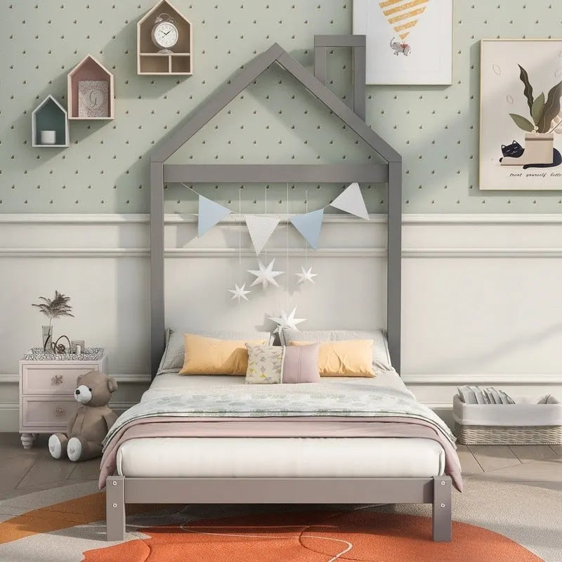 Lit plateforme en bois pour enfant, taille simple, avec tête de lit en forme de maison