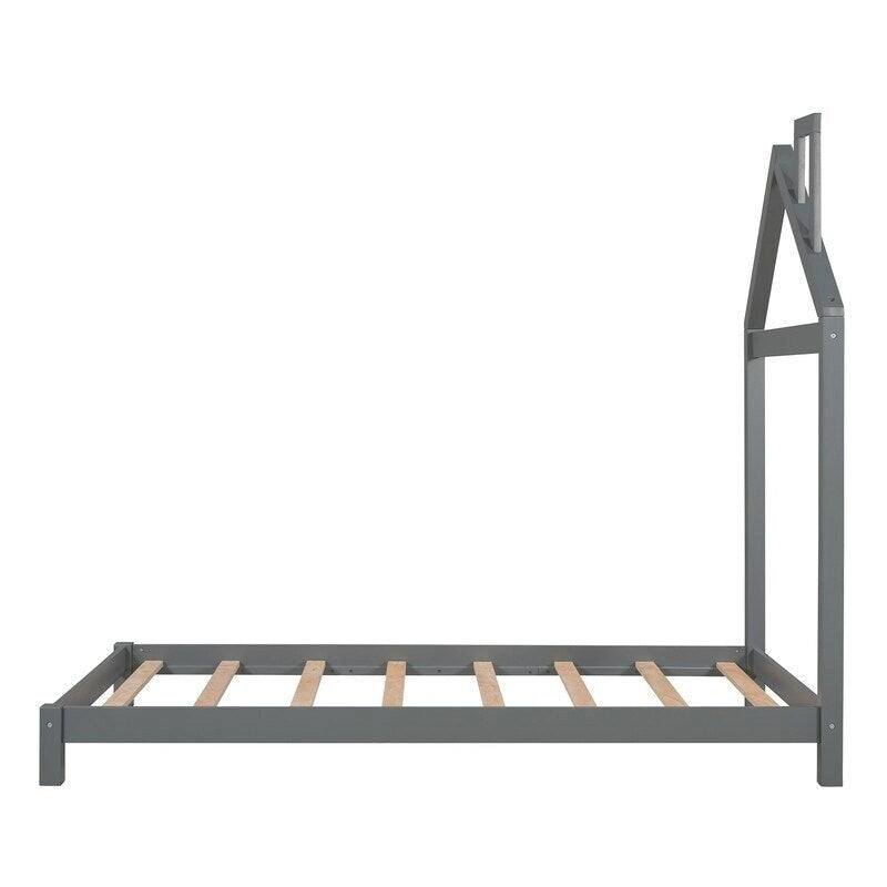 Lit plateforme en bois pour enfant, taille simple, avec tête de lit en forme de maison