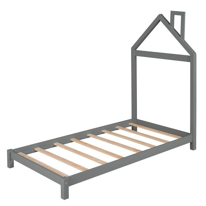 Lit plateforme en bois pour enfant, taille simple, avec tête de lit en forme de maison