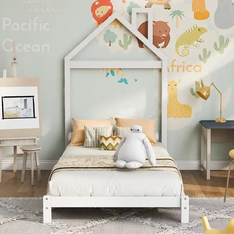 Lit plateforme en bois pour enfant, taille simple, avec tête de lit en forme de maison