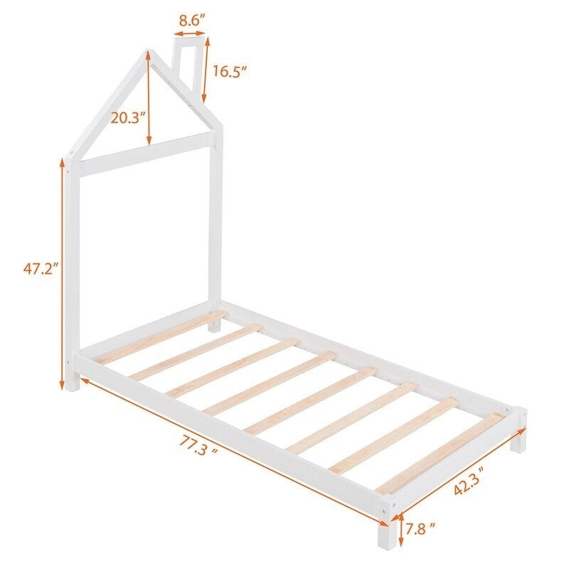 Lit plateforme en bois pour enfant, taille simple, avec tête de lit en forme de maison