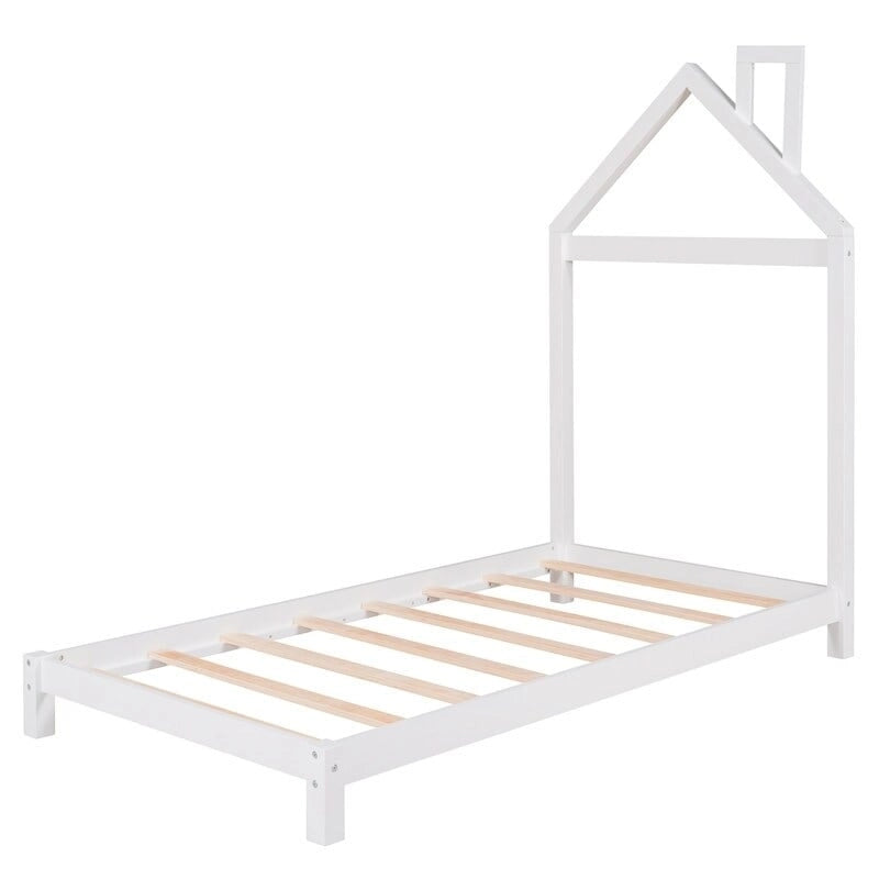 Lit plateforme en bois pour enfant, taille simple, avec tête de lit en forme de maison