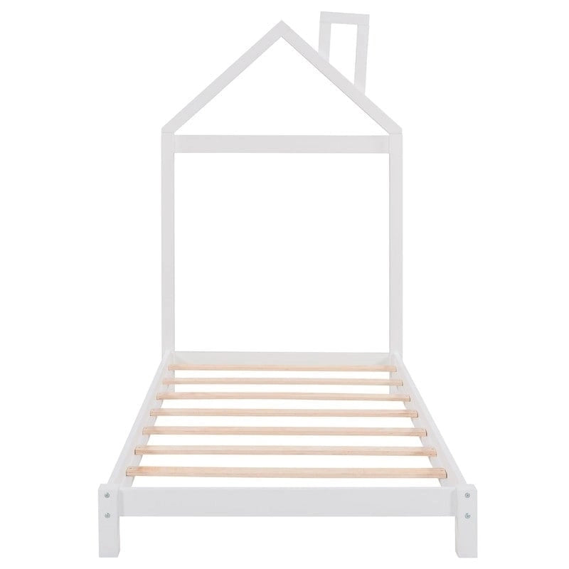Lit plateforme en bois pour enfant, taille simple, avec tête de lit en forme de maison